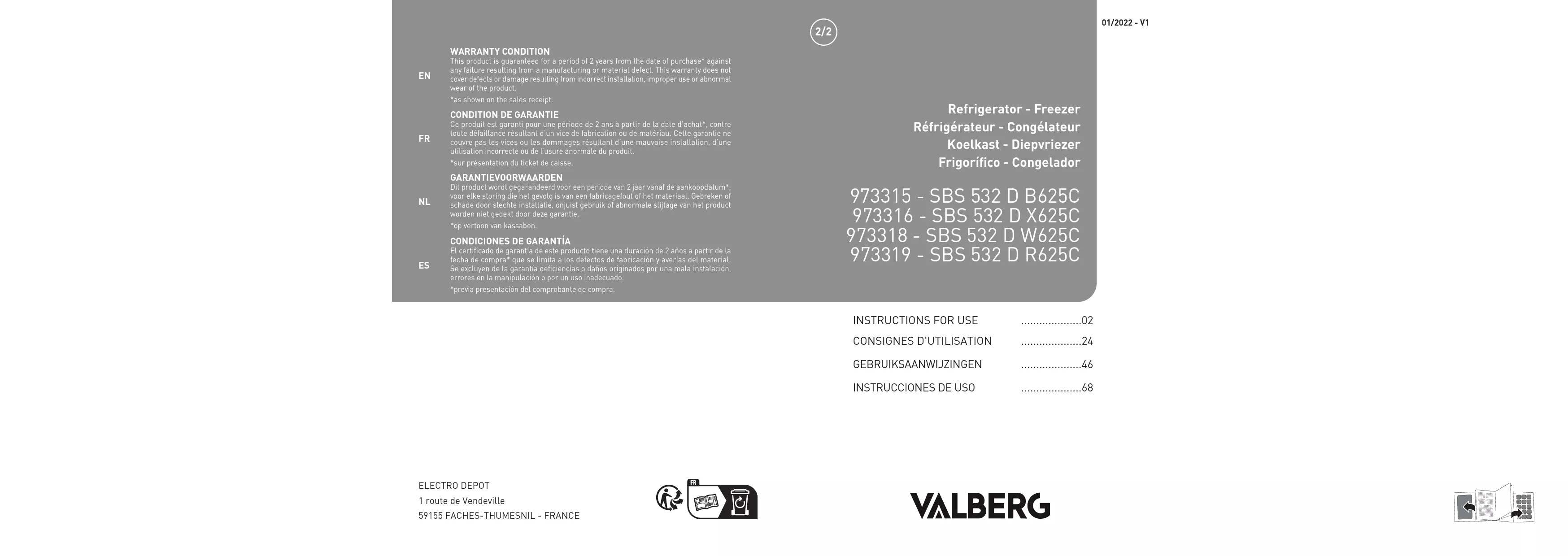 Mode d'emploi VALBERG SBS 532 D B625C